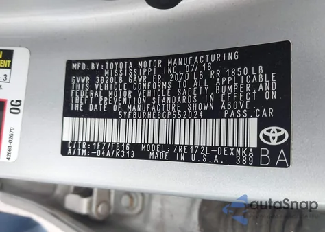 2016 Toyota Corolla Le из США, поврежденный, VIN 5YFBURHE8GP552024